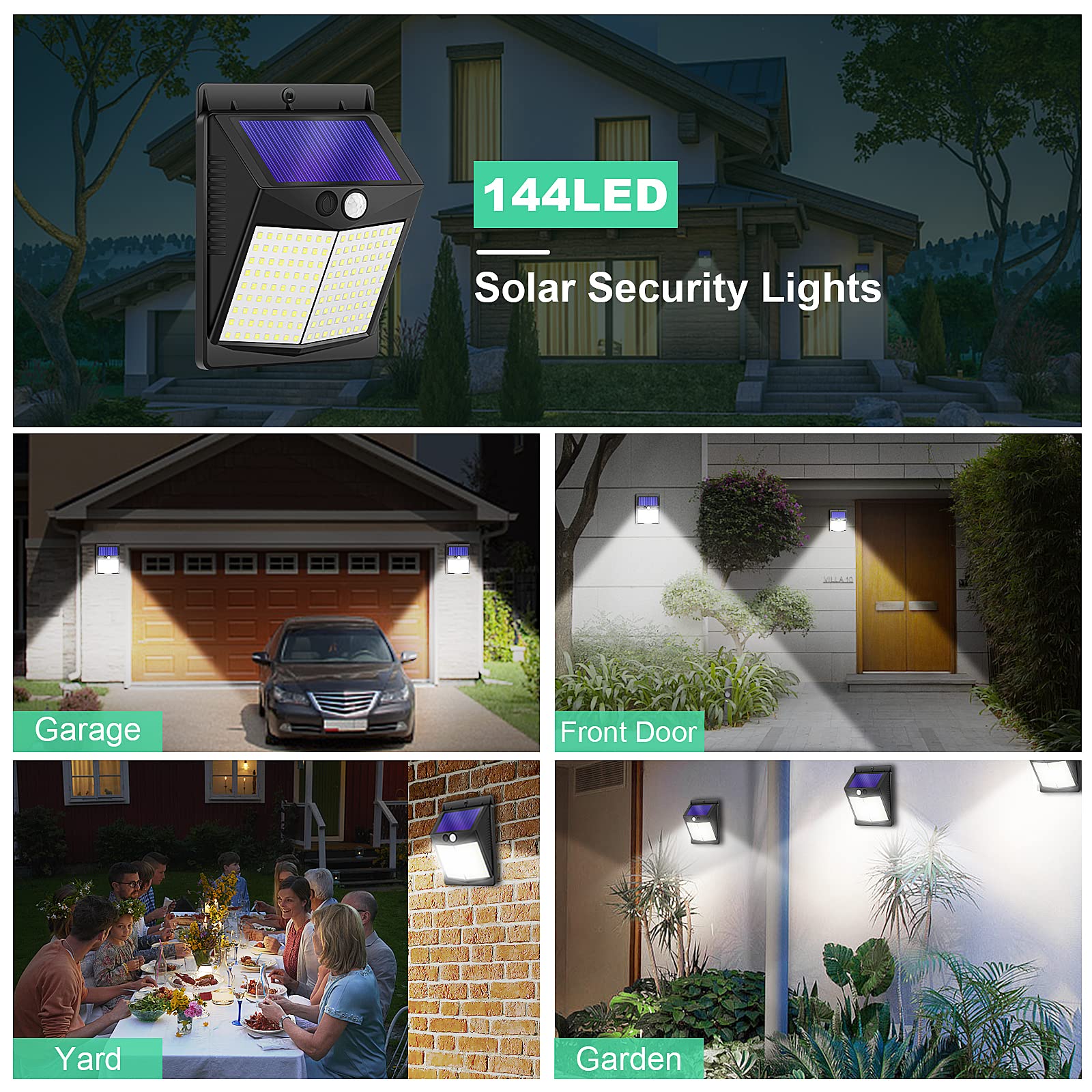 144 LED Security Lights Outdoor Motion Sensor Garden Fence IP65 Waterproof External Sensor Solar Lights for Front Door Yard Garage