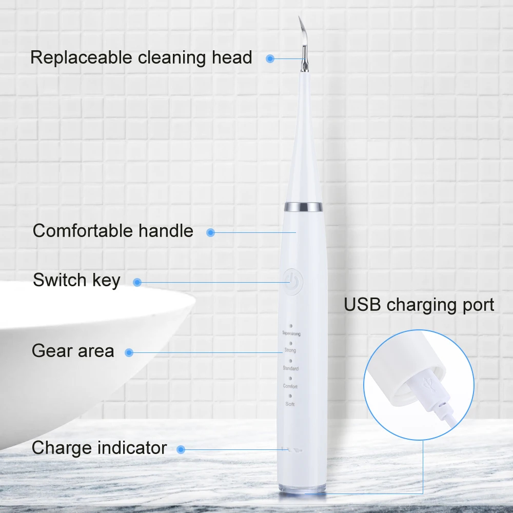 (Black) 6 in 1 Ultrasonic Dental Cleaner Scaler Dental Tartar Remover Electric Toothbrush Sonic Teeth Plaque Cleaner Tooth Cleaner