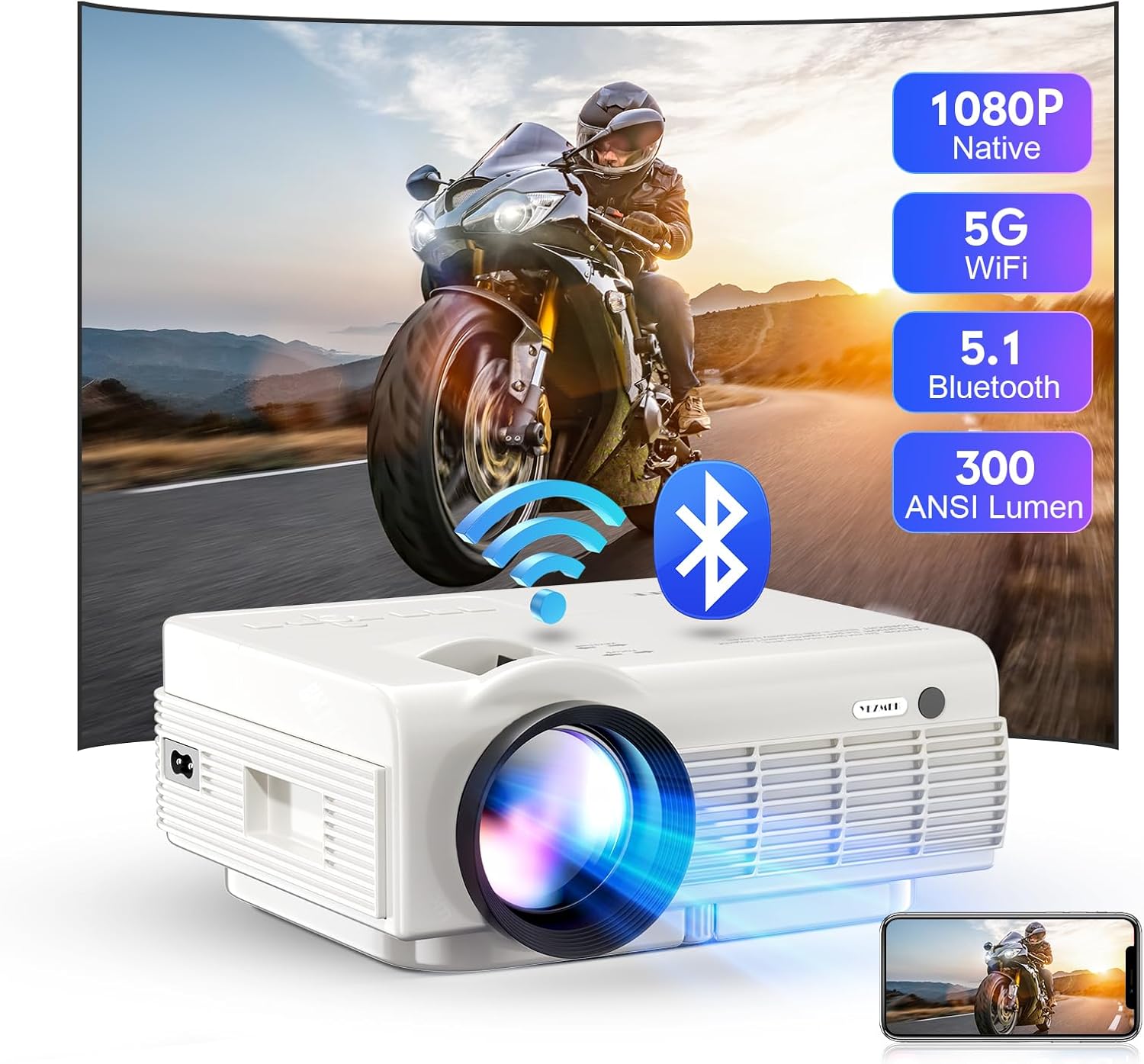 Projector Native 1080P 15000 Lumen Full HD Projector 5G WiFi and Bluetooth Mini Portable Outdoor Projector 4K Supported Movie Projector for TV Stick Smartphone Tablet Laptop HDMI USB AV