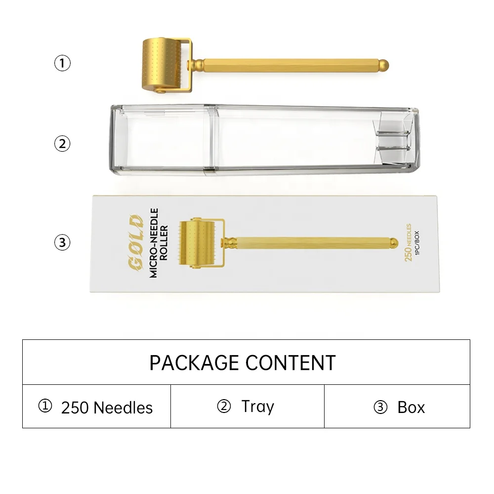 (0.25mm) Microneedle Roller Luxurious 24K Gold Micro Needle Roller DRS 250 Pin Titanium Derma Roller for Facial Skin Care Hair Beard Growth Treatment