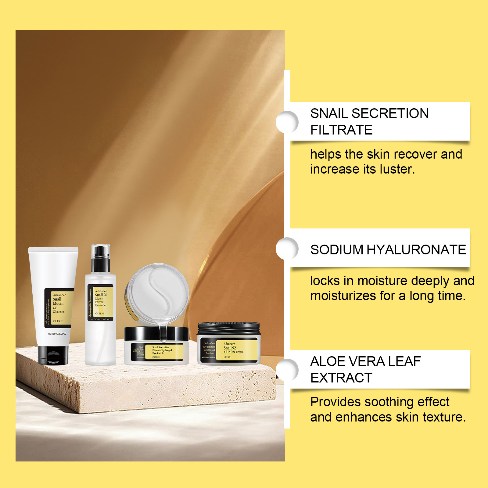 OUHOE Snail Mucin Facial Care Gift Set Nourishing Repairing Skin Moisturizing Hydrating Fade Fine Lines Tighten Firming Korean Facial Essence Set