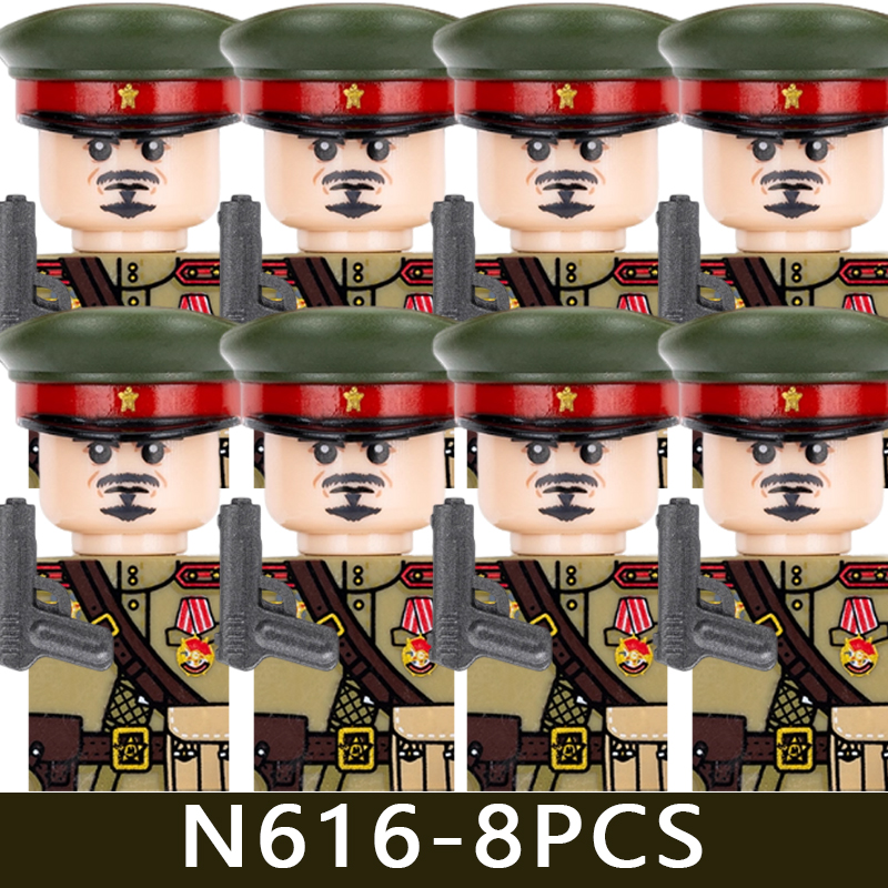 (Style D) Kids Toys WW2 Military Soviet Soldier Figures Building Blocks Navy Infantry Officer Cavalry Commander Warrior Helmet Gun Bricks
