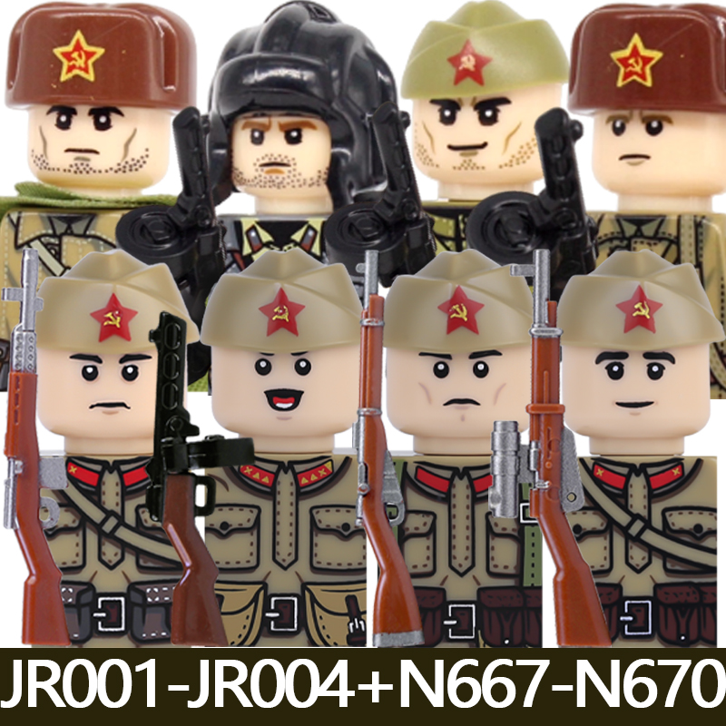 (Style D) Kids Toys WW2 Military Soviet Soldier Figures Building Blocks Navy Infantry Officer Cavalry Commander Warrior Helmet Gun Bricks