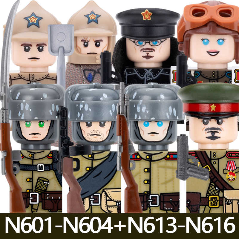 (Style D) Kids Toys WW2 Military Soviet Soldier Figures Building Blocks Navy Infantry Officer Cavalry Commander Warrior Helmet Gun Bricks