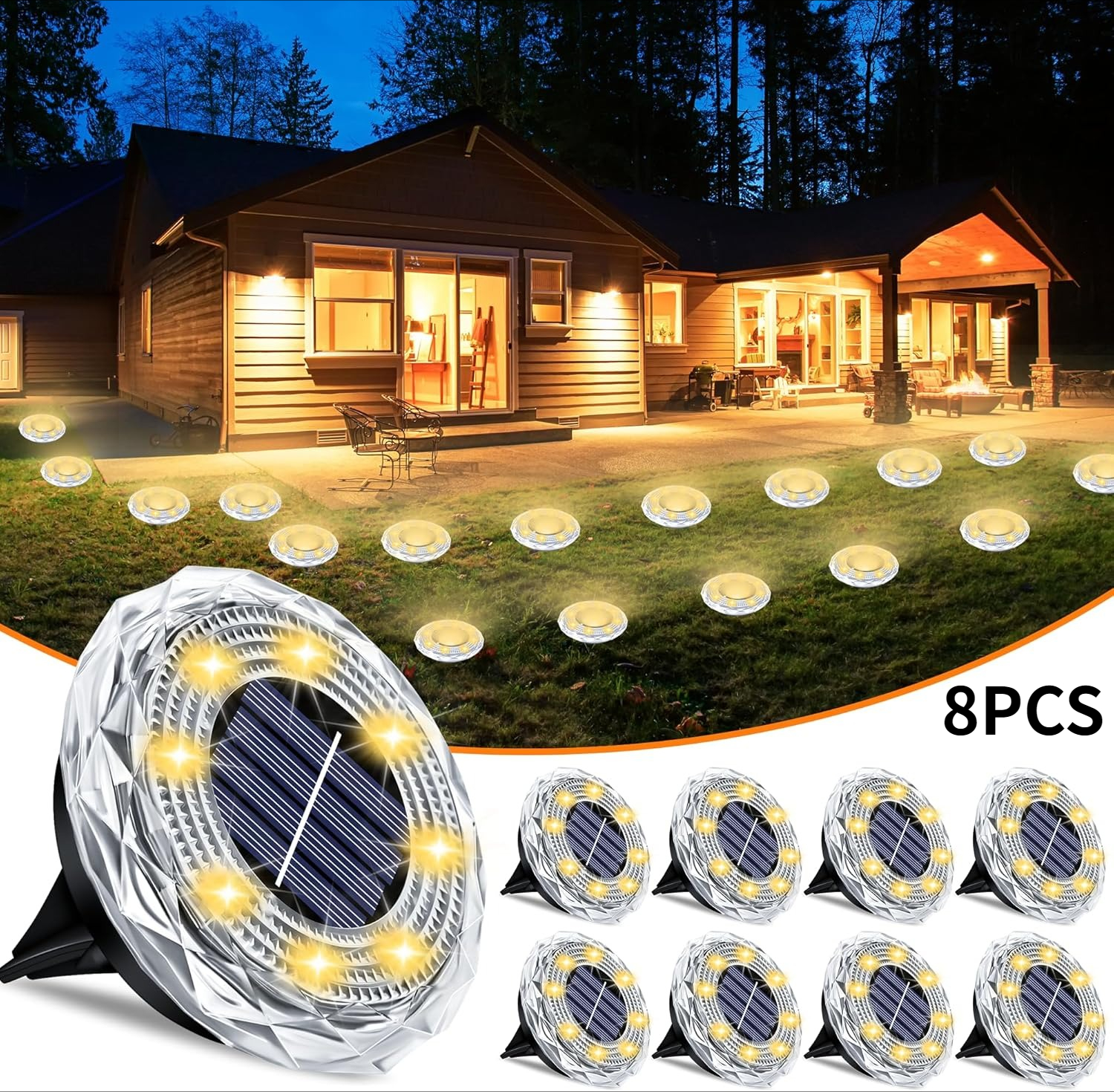 (4 PCS) 8LED Solar Powered Ground Light Outdoor Solar Lights Warm White Solar Buried Light Suitable for Yard Garden Lawn Pathway