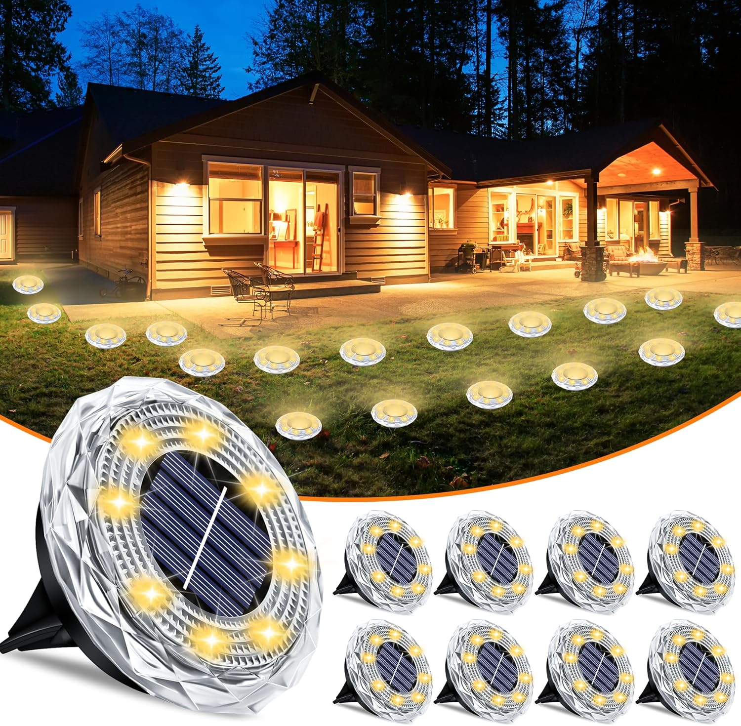(4 PCS) 8LED Solar Powered Ground Light Outdoor Solar Lights Warm White Solar Buried Light Suitable for Yard Garden Lawn Pathway
