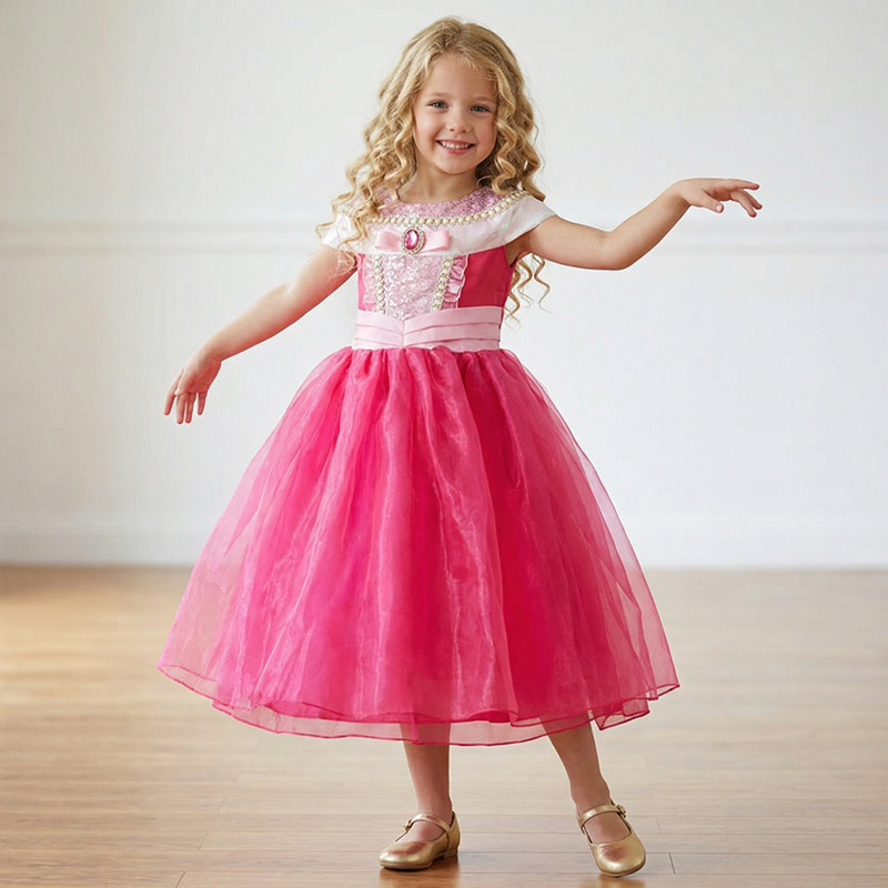 (150CM) Girl Princess Dress Pink Tulle Puffy Skirt Festival Ball Performance Gown Includes Earrings Crown Magic Wand Costume Gift