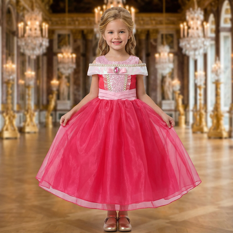 (150CM) Girl Princess Dress Pink Tulle Puffy Skirt Festival Ball Performance Gown Includes Earrings Crown Magic Wand Costume Gift