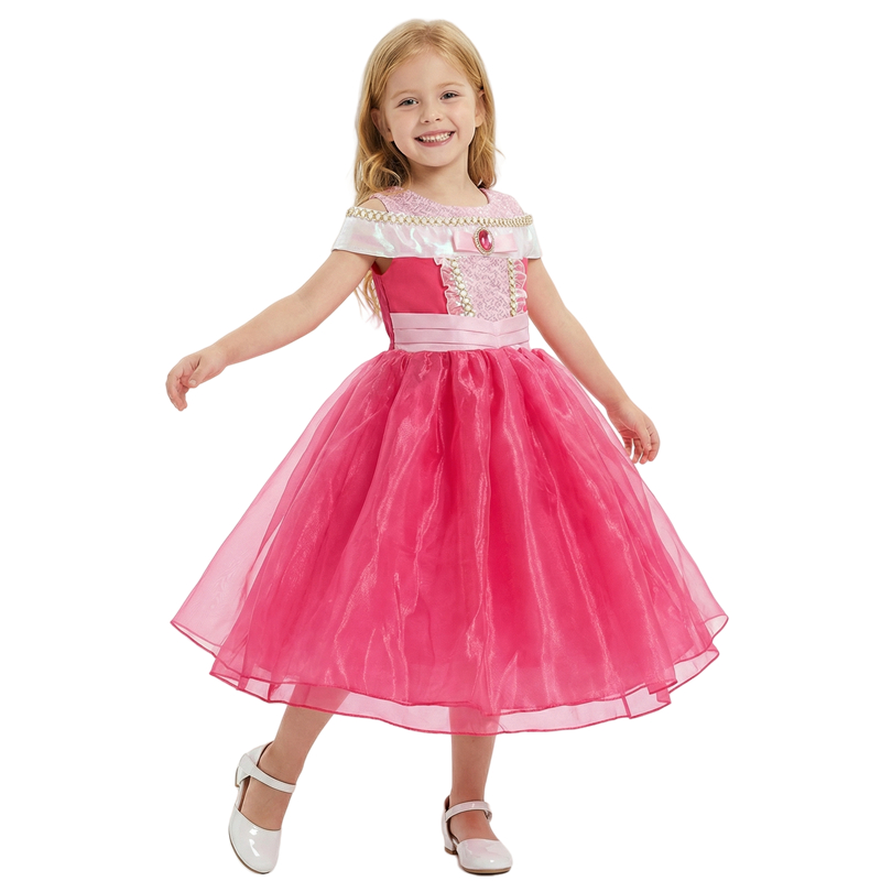 (150CM) Girl Princess Dress Pink Tulle Puffy Skirt Festival Ball Performance Gown Includes Earrings Crown Magic Wand Costume Gift