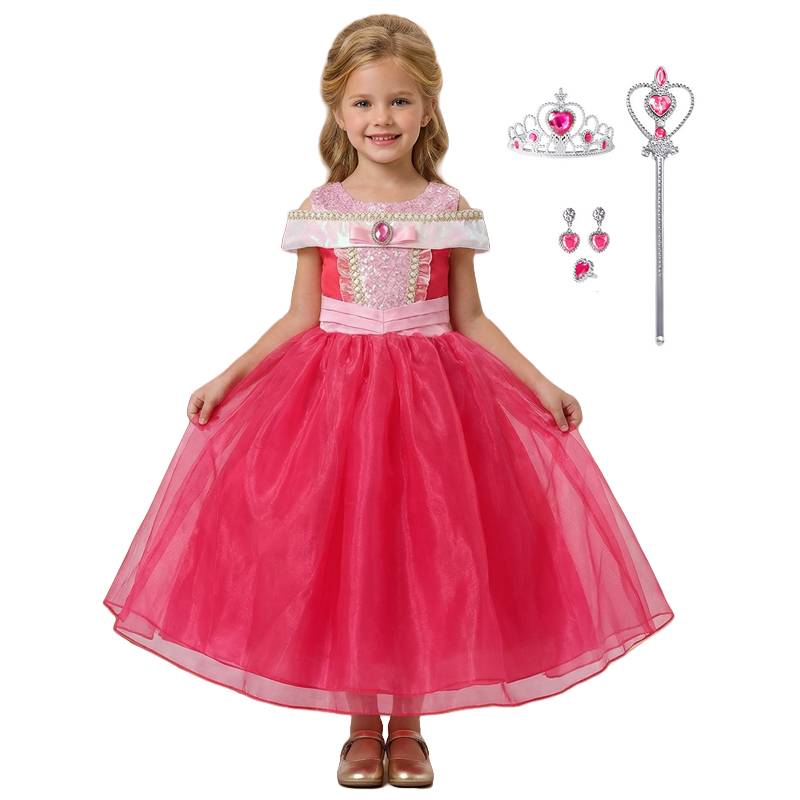 (150CM) Girl Princess Dress Pink Tulle Puffy Skirt Festival Ball Performance Gown Includes Earrings Crown Magic Wand Costume Gift