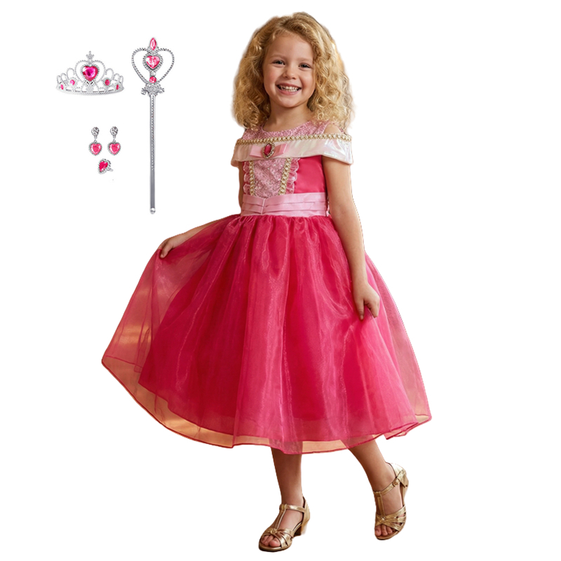 (150CM) Girl Princess Dress Pink Tulle Puffy Skirt Festival Ball Performance Gown Includes Earrings Crown Magic Wand Costume Gift