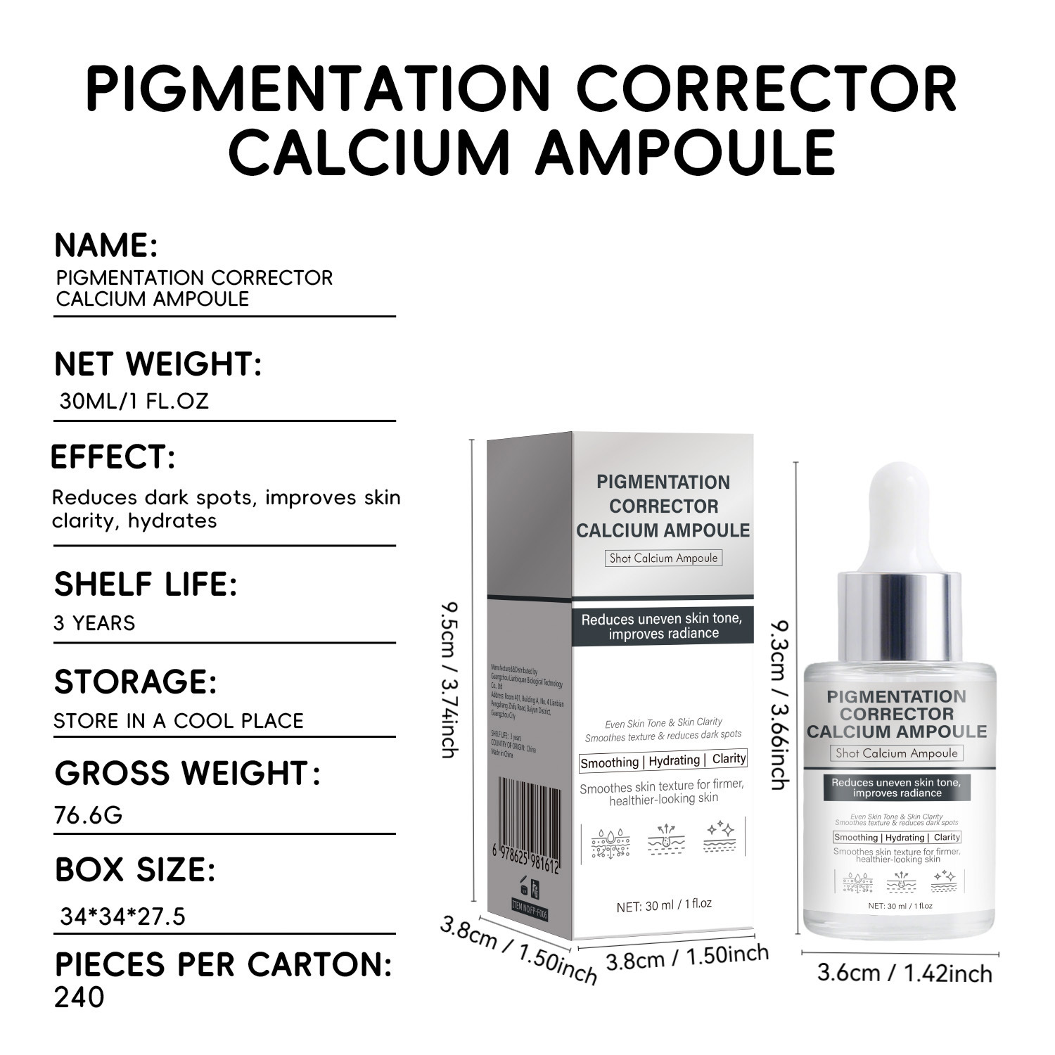 Pigment Correcting Ampoule Even Tone Brightening Dark Spot Fading Daily Face Serum Treatment 30ml