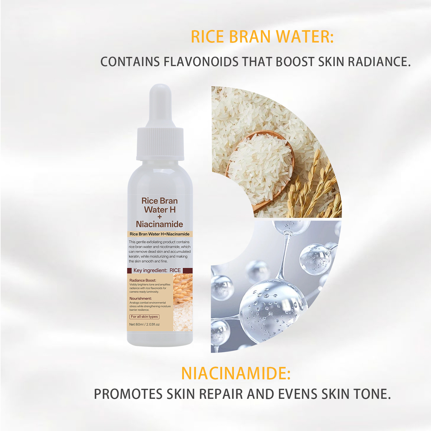 Rice Bran Water Niacinamide Exfoliating Ampoule Hydrating Brightening Daily Face Essence Serum 60ml