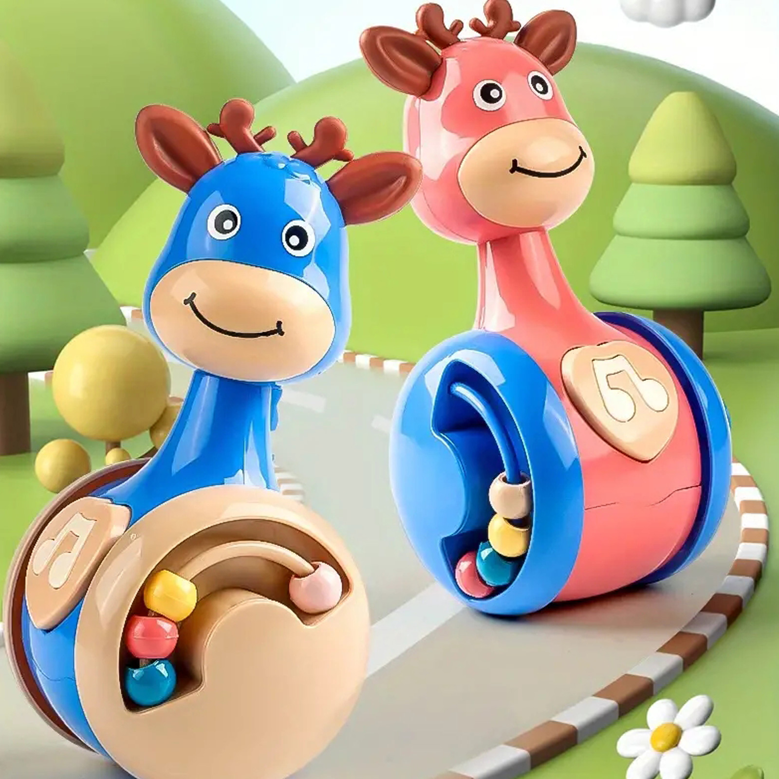 (BL) Sliding Deer Baby Tumbler Rattle Learning Education Toys Newborn Teether Infant Hand Bell Mobile Press Squeaky Roly-Poly Toy