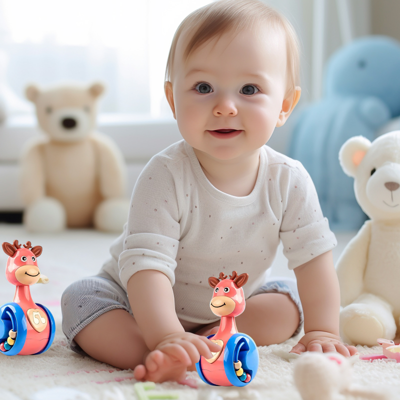 (BL) Sliding Deer Baby Tumbler Rattle Learning Education Toys Newborn Teether Infant Hand Bell Mobile Press Squeaky Roly-Poly Toy