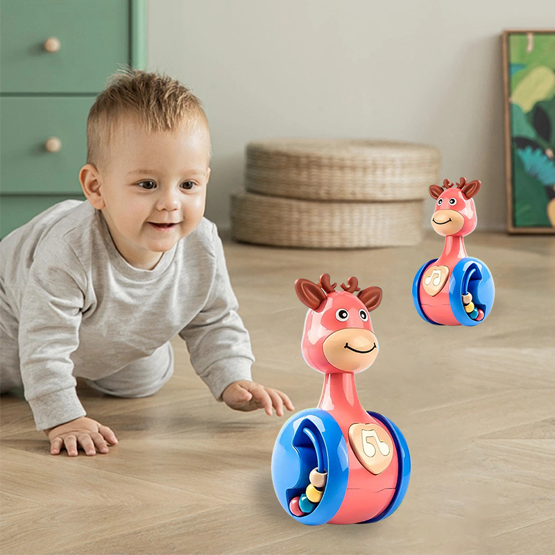 (BL) Sliding Deer Baby Tumbler Rattle Learning Education Toys Newborn Teether Infant Hand Bell Mobile Press Squeaky Roly-Poly Toy