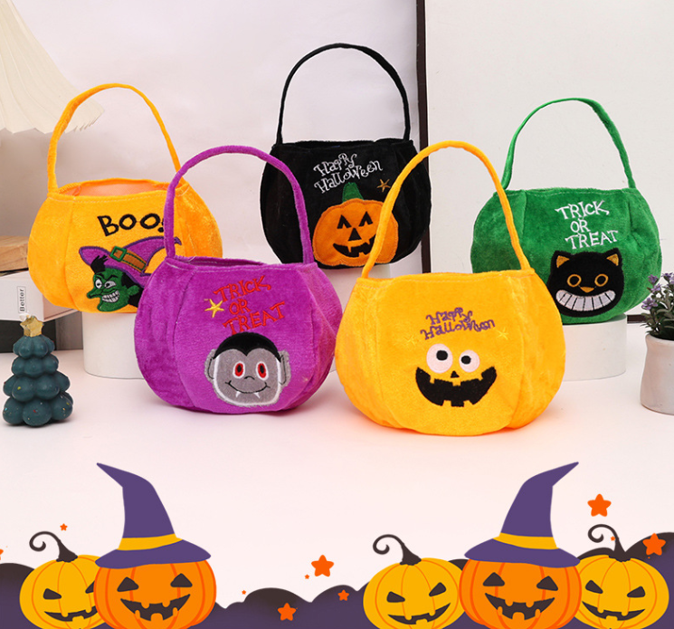 (Green Black Cat) Halloween Handheld Gift Bag Trick Or Treat Bag Flannel Bag Decoration For Kids