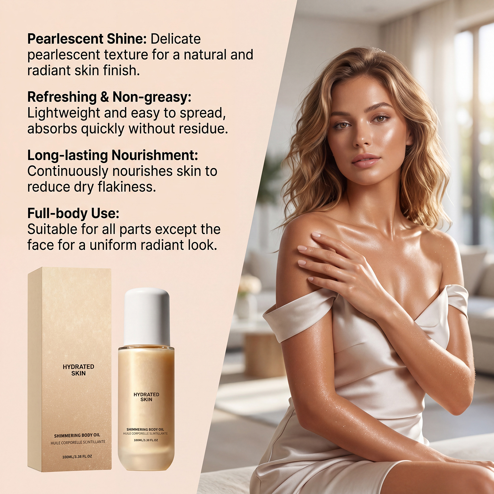 Shimmer Moisturizing Body Oil Hydrating Soft Delicate Gentle Care Daily Apply Skin Nourish Essential Oil