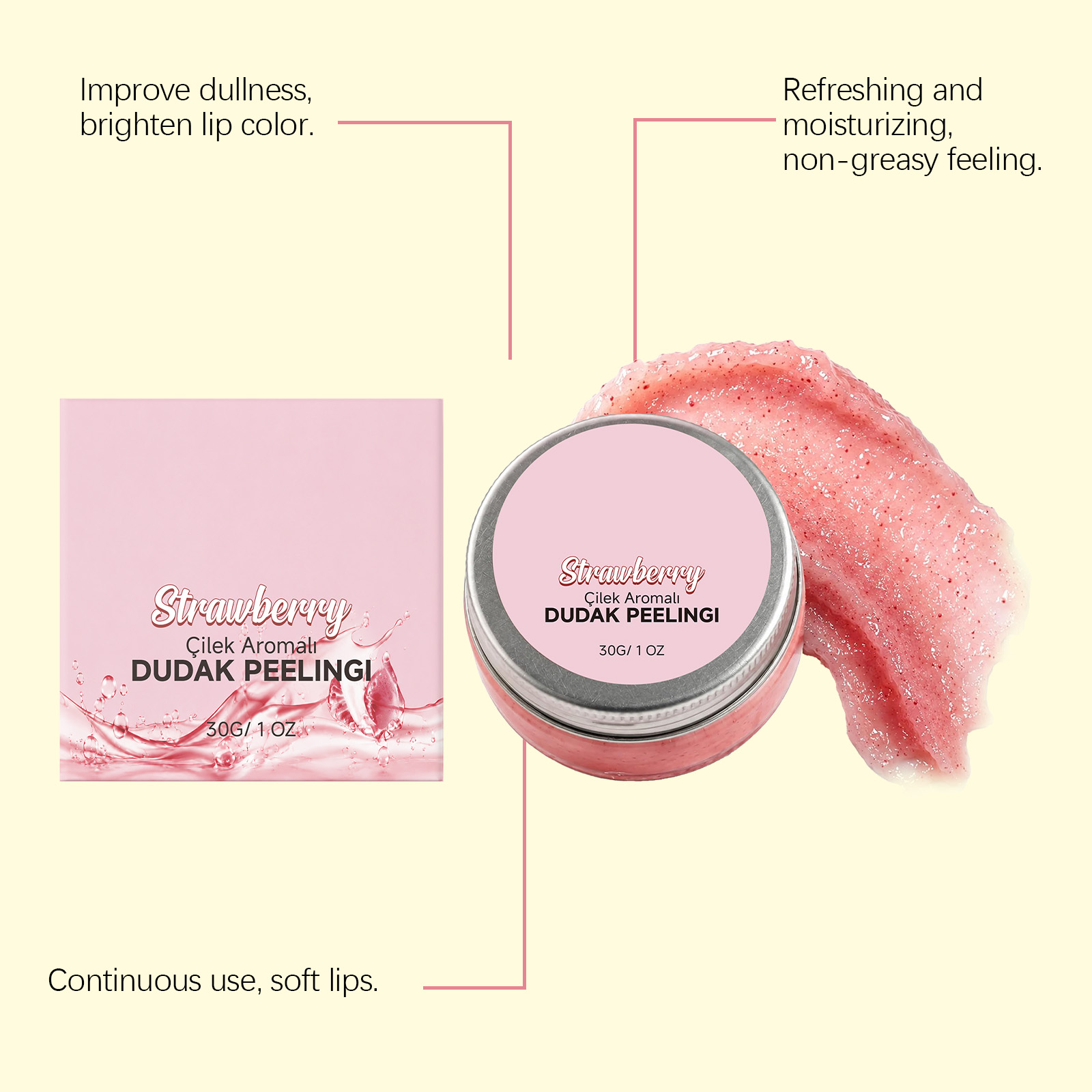 Strawberry Lip Scrub Exfoliates Softens Hydrates Smoothes Lightweight NonSticky Glossy Delicate Skin Lip Care
