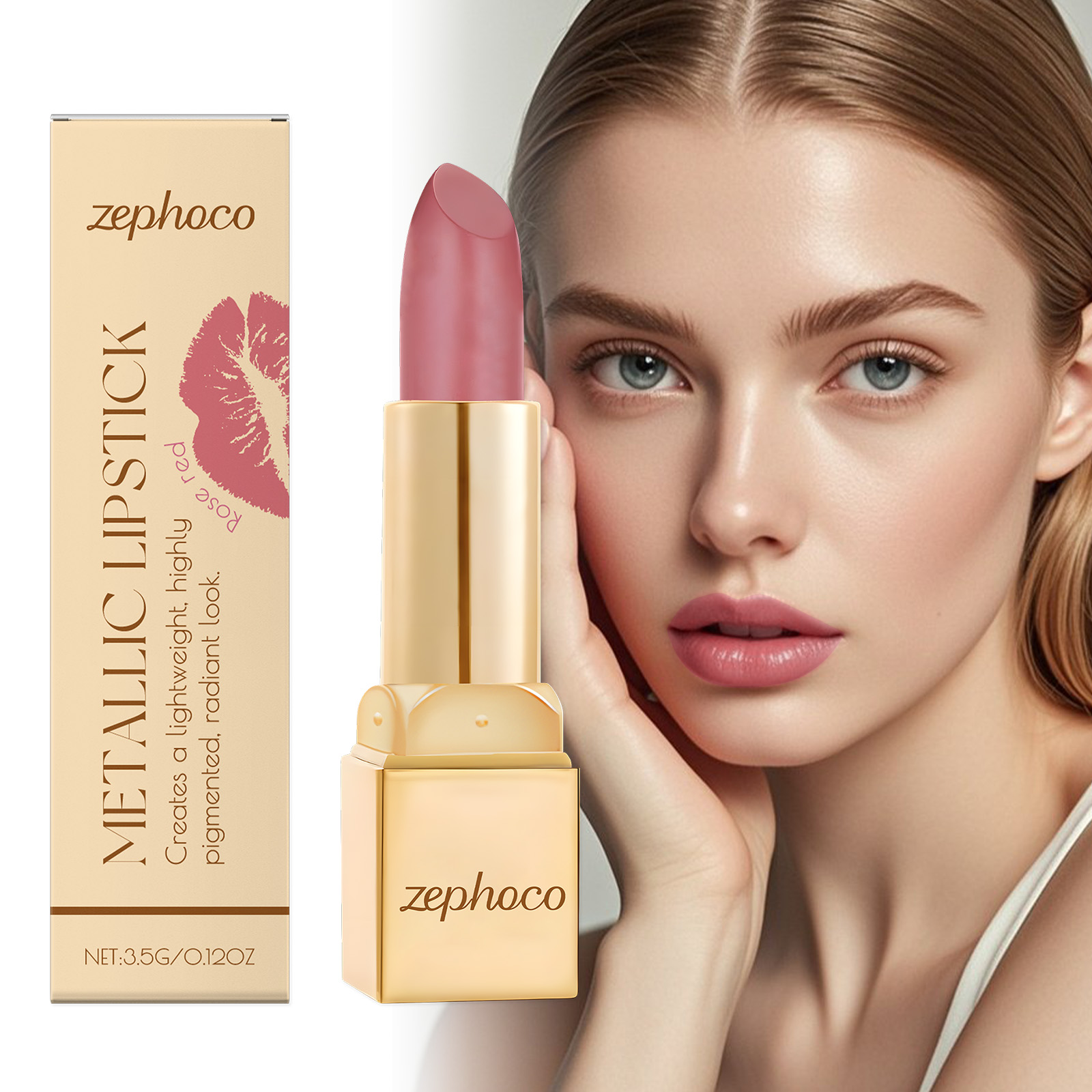 (Rose Red) Metallic Cream Lipstick Light Texture Moisturizing Easy To Create Glossy Lip Makeup