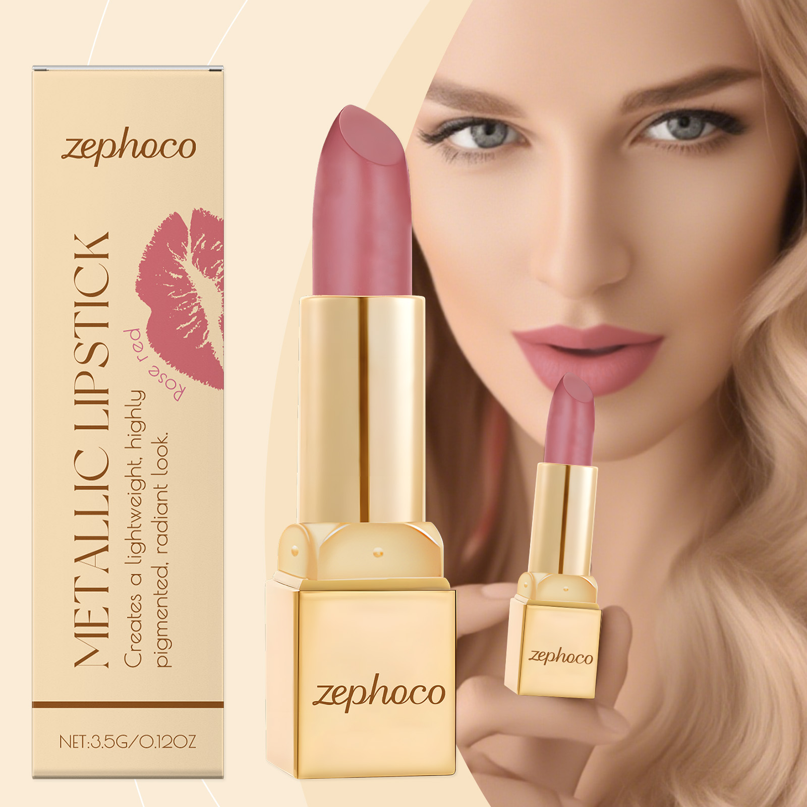 (Rose Red) Metallic Cream Lipstick Light Texture Moisturizing Easy To Create Glossy Lip Makeup