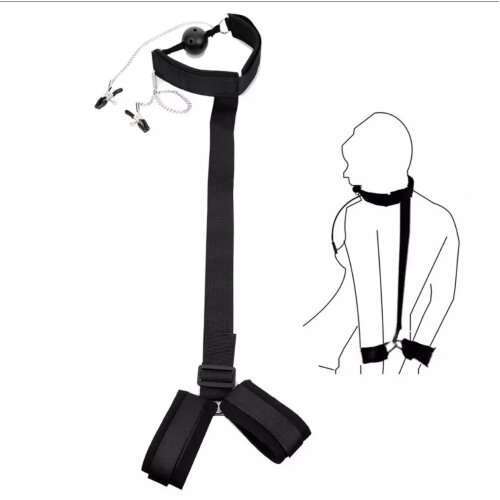 Bondage Restraint Back Handcuffs Adult Products BDSM Sex Toys with Mouth Gag and Nipple Clamps Beginner Couple SM Sex Game Device Gift for Lover