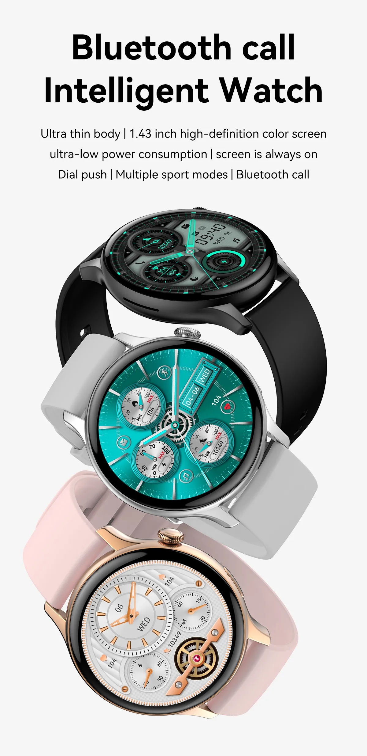 (Black) Smart Watches for Women Sport Fitness Tracker Smartwatches For Samsung Apple iPhone Android IOS Bluetooth Call Blood Oxygen Blood Pressure Health Monitoring Always on Display Waterproof 1.43inch