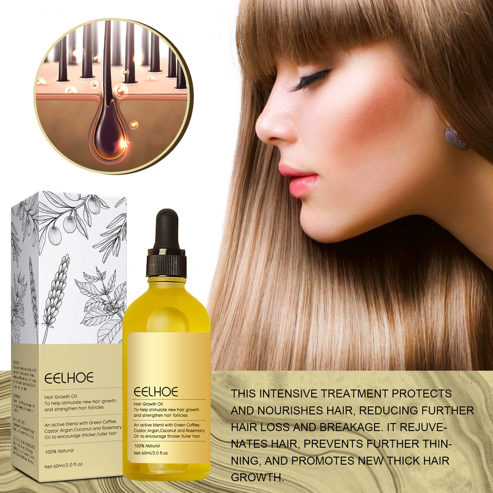 Hair Growth Oil Natural Veganic Rosemary Organic Oil for Thin Hair Growth Strengthen Nourishing Dry Damaged Hair 60ml