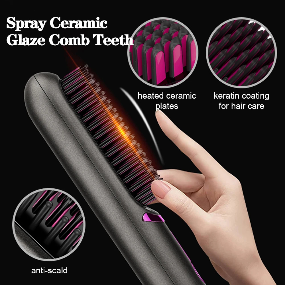 (Black) Hair Straightener Brush Wireless Hair Straightener Comb Mini Travel Electric Hair Comb for Women Portable Rechargeable 3 Temperature Modes Fast Heating