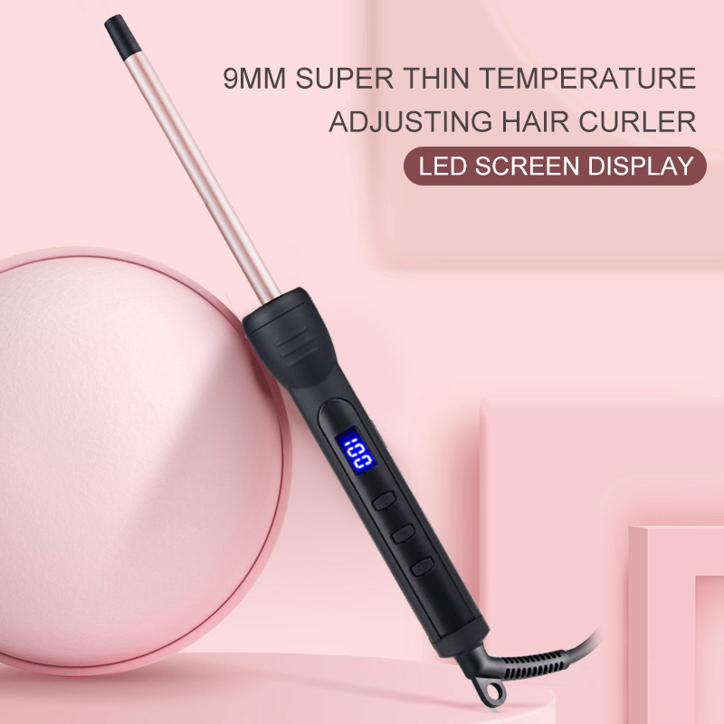 9mm Thin Hair Curling Wand Small Hair Curling Iron Hair Curler for Short and Long Hair Fast Heating Ceramic Tourmaline Long Barrel with LED Display
