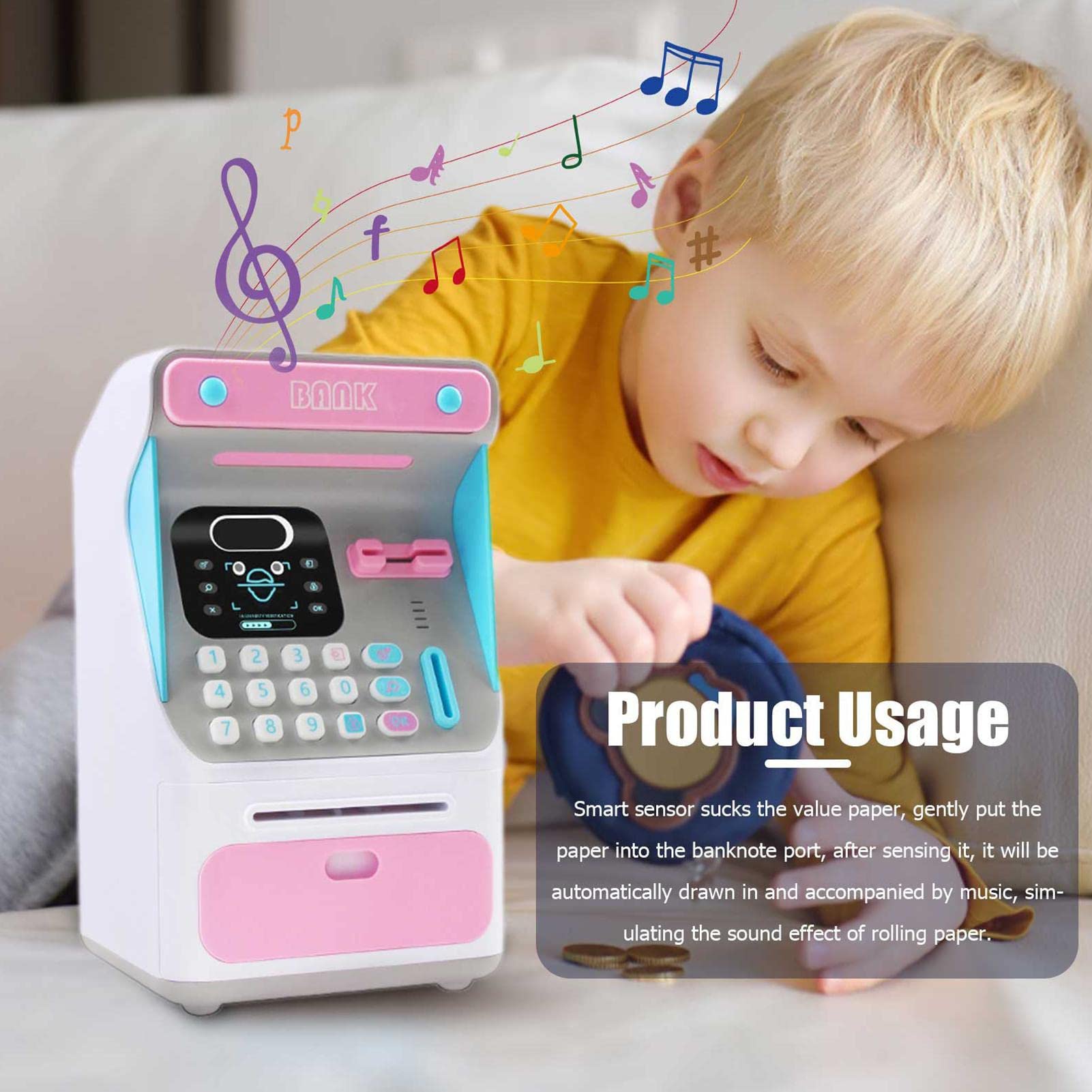 (Blue) Electronic Piggy Bank ATM Cash Coin Money Box With Face Recognition Unlocking Birthday Toys Gifts