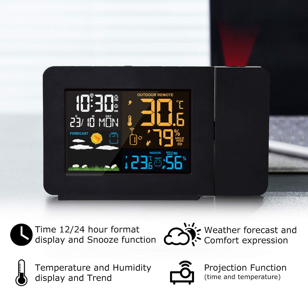 Projection Alarm Clock with Outdoor Sensor Personal Weather Station for Bedroom Projector Dimmable Clock Dual Alarms LCD Display Date Time Temperature Humidity