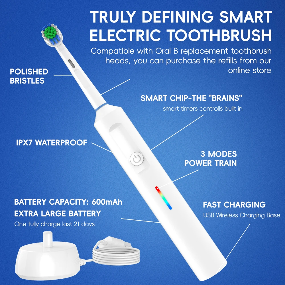 Smart Wireless Charging Rotating Electric Toothbrush Rechargeable Toothbrushes with 8 Heads Compatible with Oral B Brush Heads