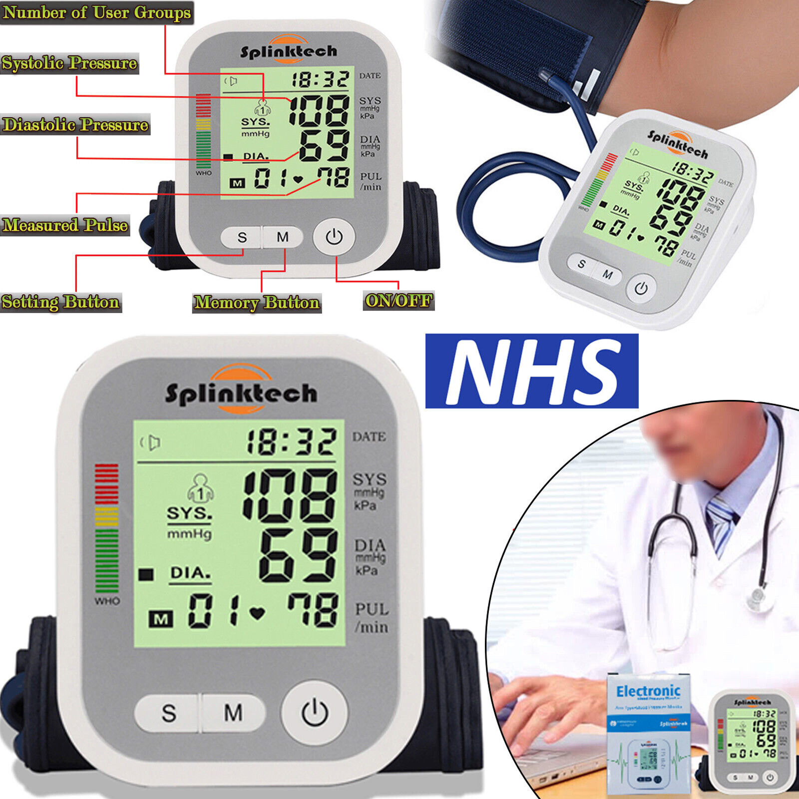 Digital Automatic Blood Pressure Monitor Upper Arm BP Machine Silver
