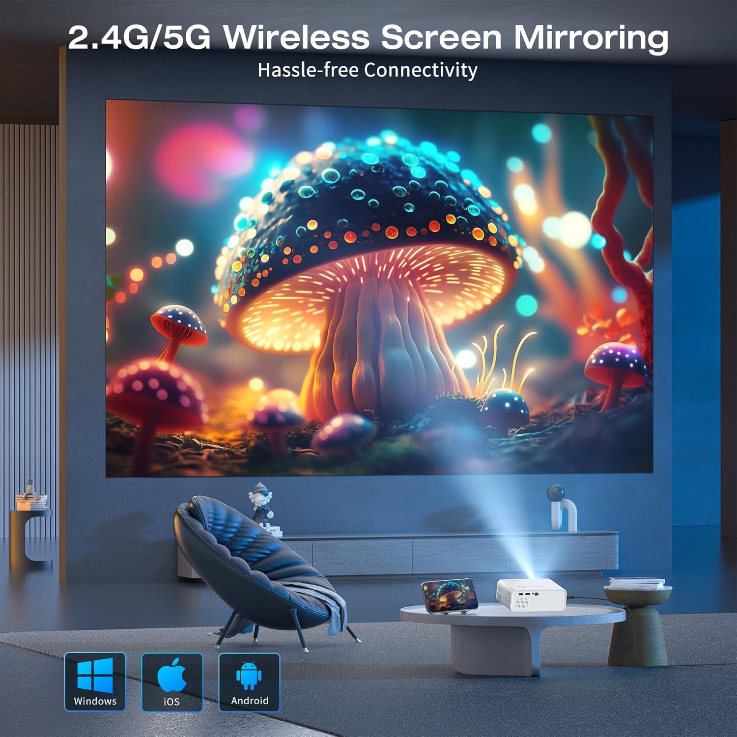 Mini Projector with WiFi and Bluetooth Native 1080P 4K Supported Projector for Indoor Movies Keystone Correction Zoom Home Theater Portable Projector Compatible with TV Stick iOS Android