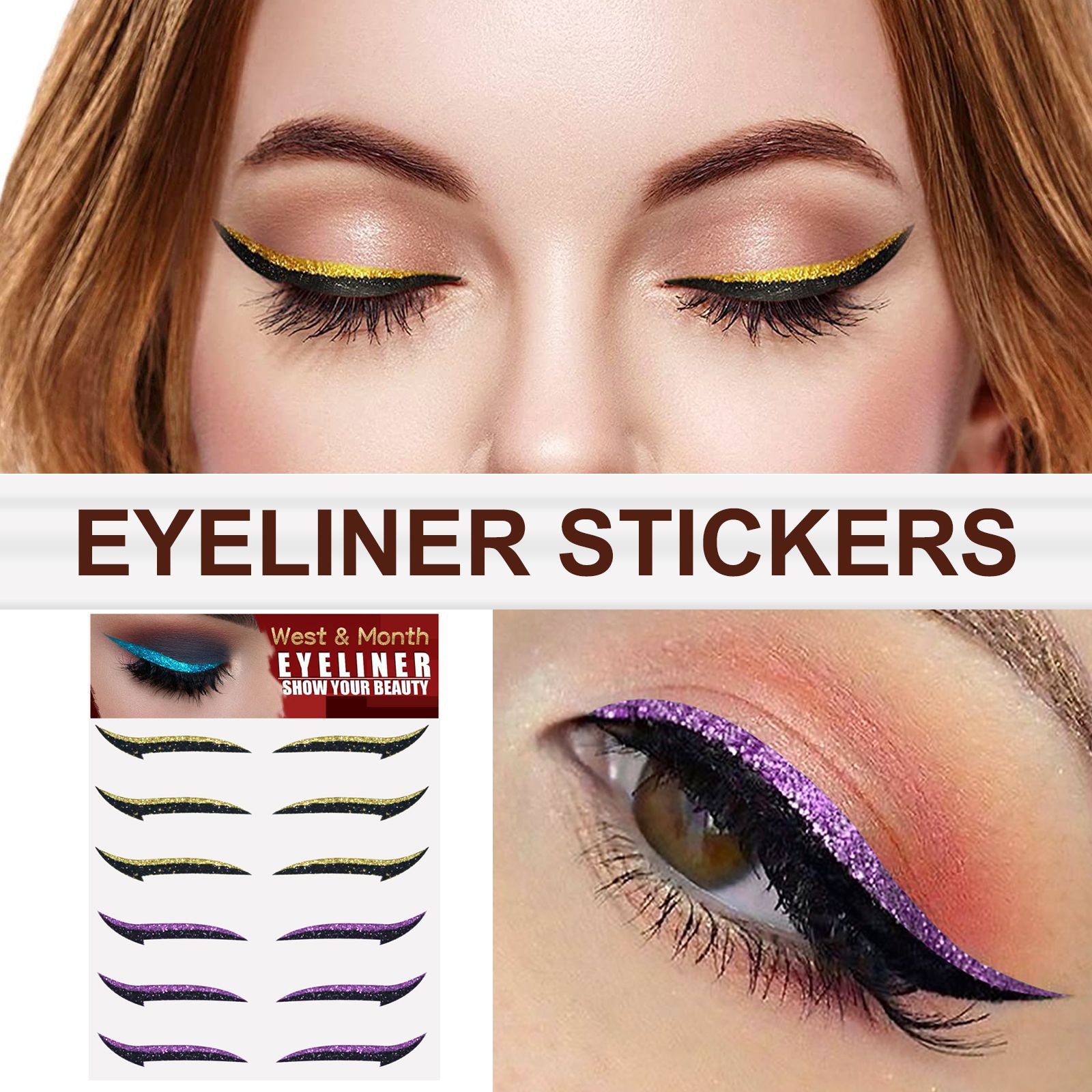 (Black A) Waterproof Double Eyelid Line Stickers Glitter Eyeliner Sticker Set Reusable Eye Makeup Fake Self Adhesive Sticker Beauty Accessories Eye Cosmetics 6 pairs