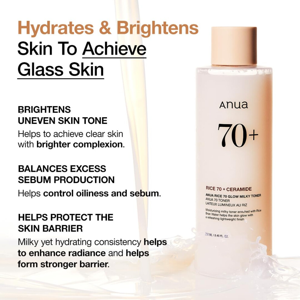 Rice 70 Glow Milky Toner, for Glass Skin, Rice Water, Niacinamide, Ceramides, Panthenol, Non comedogenic, Fungal Acne Safe, Korean Skin Care,