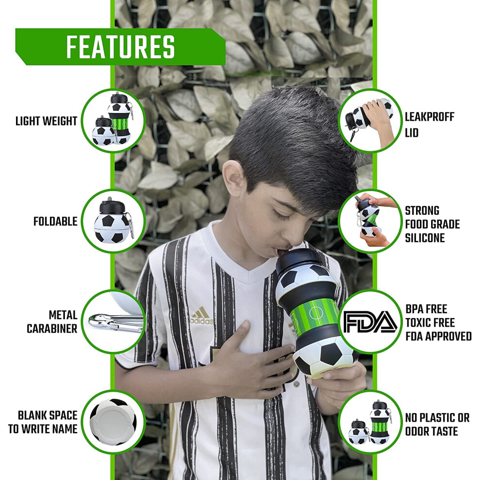Football Water Bottle - 550ml Collapsible Water Container for Kids - Silicone Reusable Water Bottles for Boys and Girls - Leakproof BPA-Free