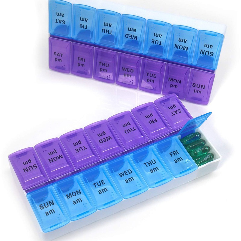 Weekly Pill Organizer Morning and Night Pill Holder Storage Box 7 Days Pill Box Portable Travel Cases Organizer Pill Container Tablets Vitamin Medicine Splitter