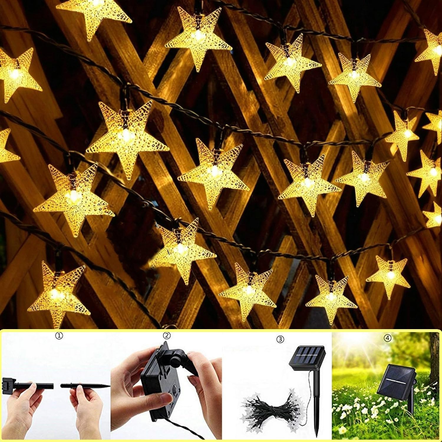 (Warm White) Solar Garden Lights 50 LED Star Fairy Lights Outdoor Waterproof Solar String Light Led Star 8 Modes 23ft Decorative Light for Garden Patio Yard Home Wedding 