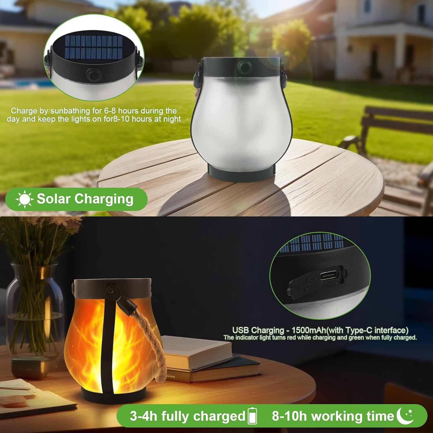 (1 pcs)  Solar Lanterns Outdoor Dancing Flame Hanging Lights USB Solar Dual Powered Waterproof Hemp Rope Lanterns for Garden Patio Yard Decor