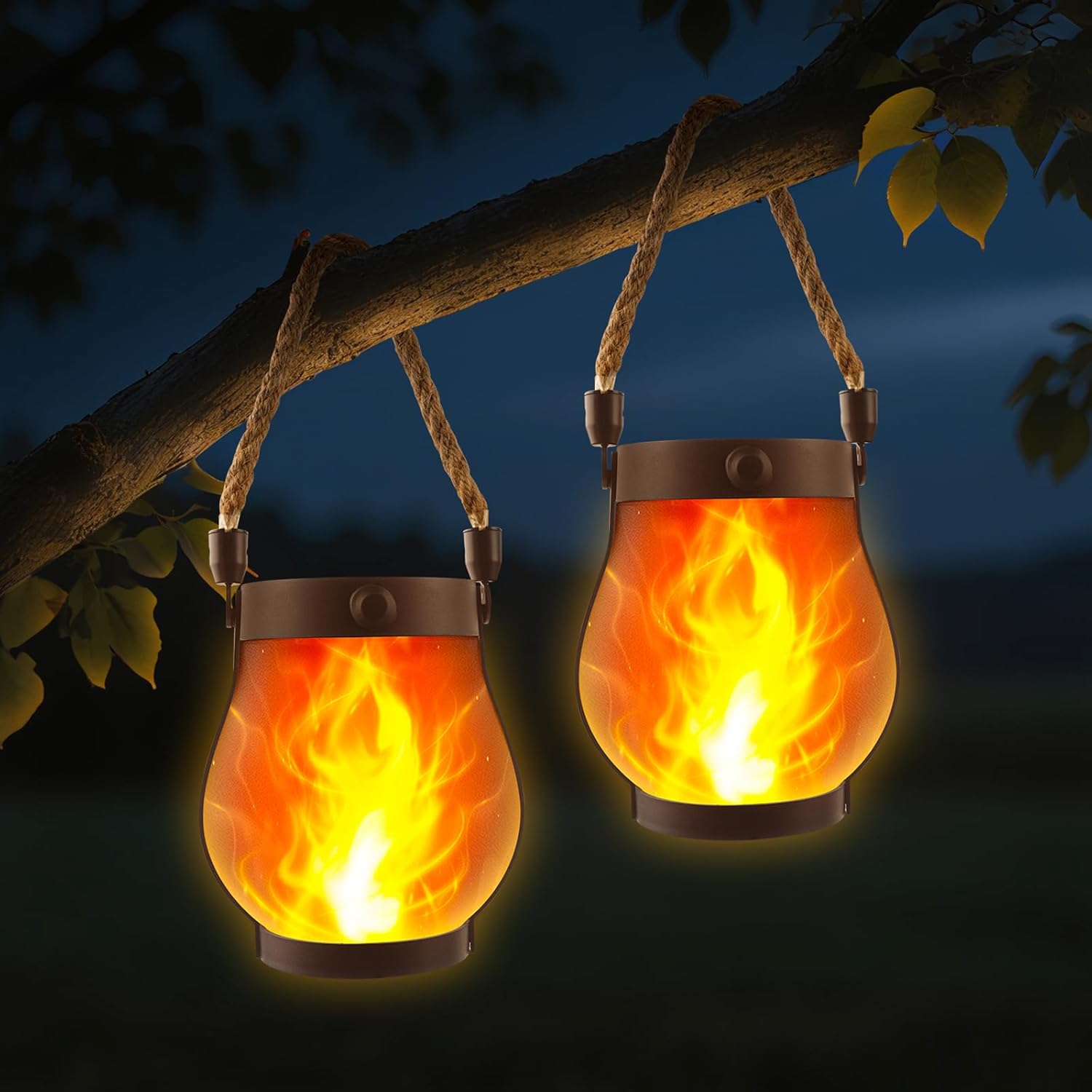 (1 pcs)  Solar Lanterns Outdoor Dancing Flame Hanging Lights USB Solar Dual Powered Waterproof Hemp Rope Lanterns for Garden Patio Yard Decor