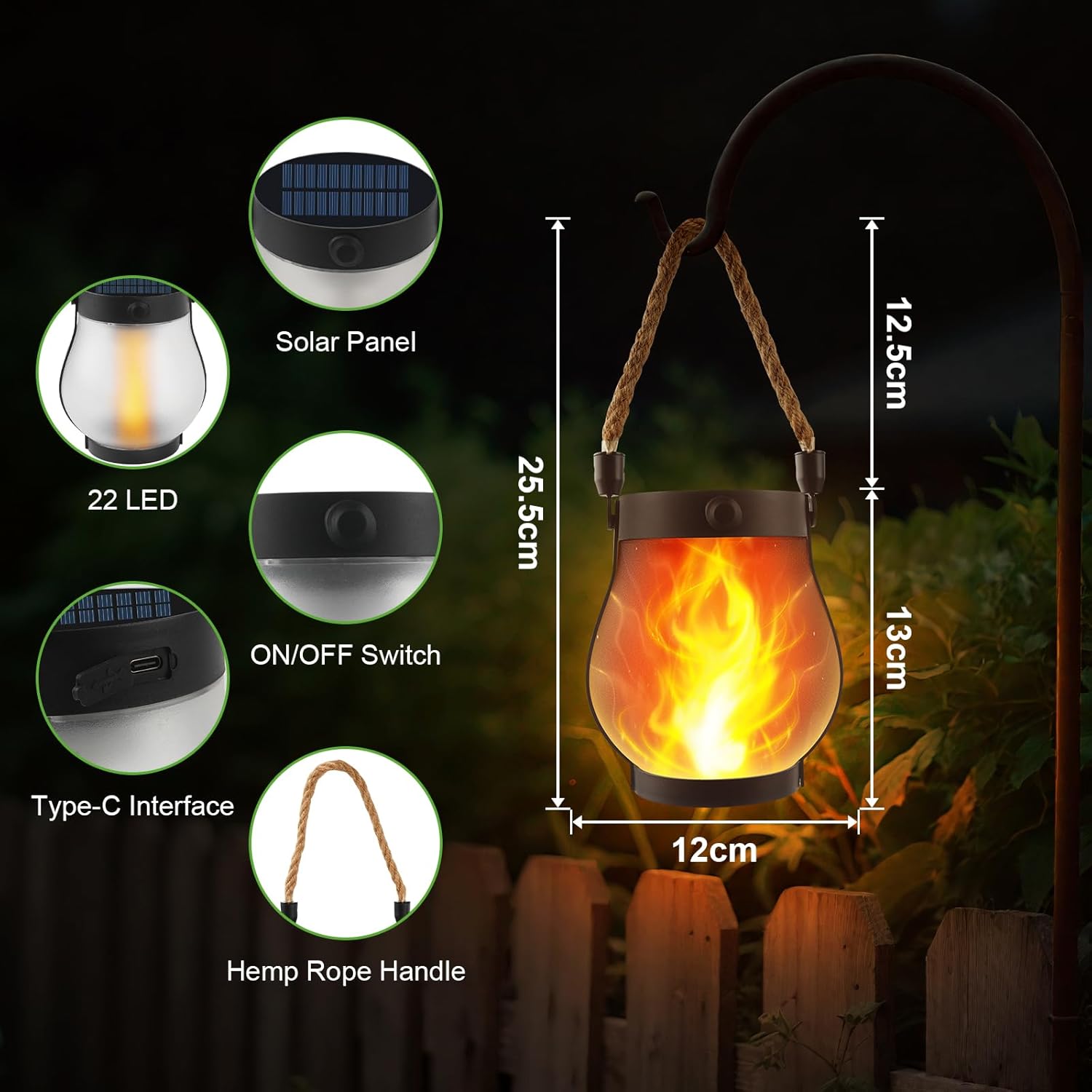 (1 pcs)  Solar Lanterns Outdoor Dancing Flame Hanging Lights USB Solar Dual Powered Waterproof Hemp Rope Lanterns for Garden Patio Yard Decor