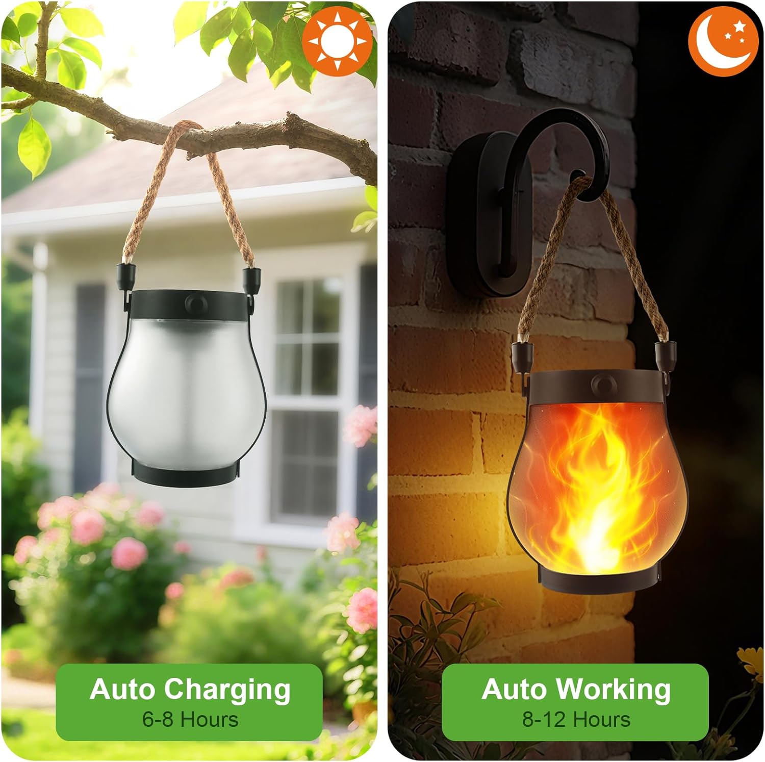 (1 pcs)  Solar Lanterns Outdoor Dancing Flame Hanging Lights USB Solar Dual Powered Waterproof Hemp Rope Lanterns for Garden Patio Yard Decor