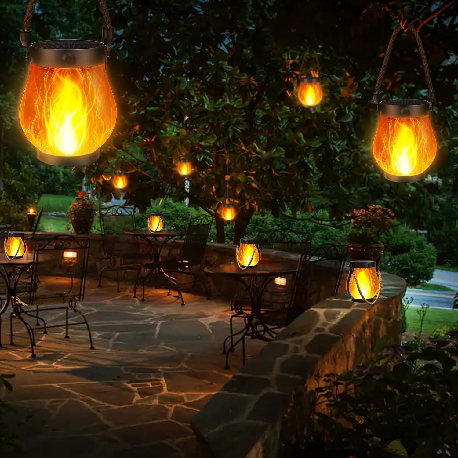 (1 pcs)  Solar Lanterns Outdoor Dancing Flame Hanging Lights USB Solar Dual Powered Waterproof Hemp Rope Lanterns for Garden Patio Yard Decor