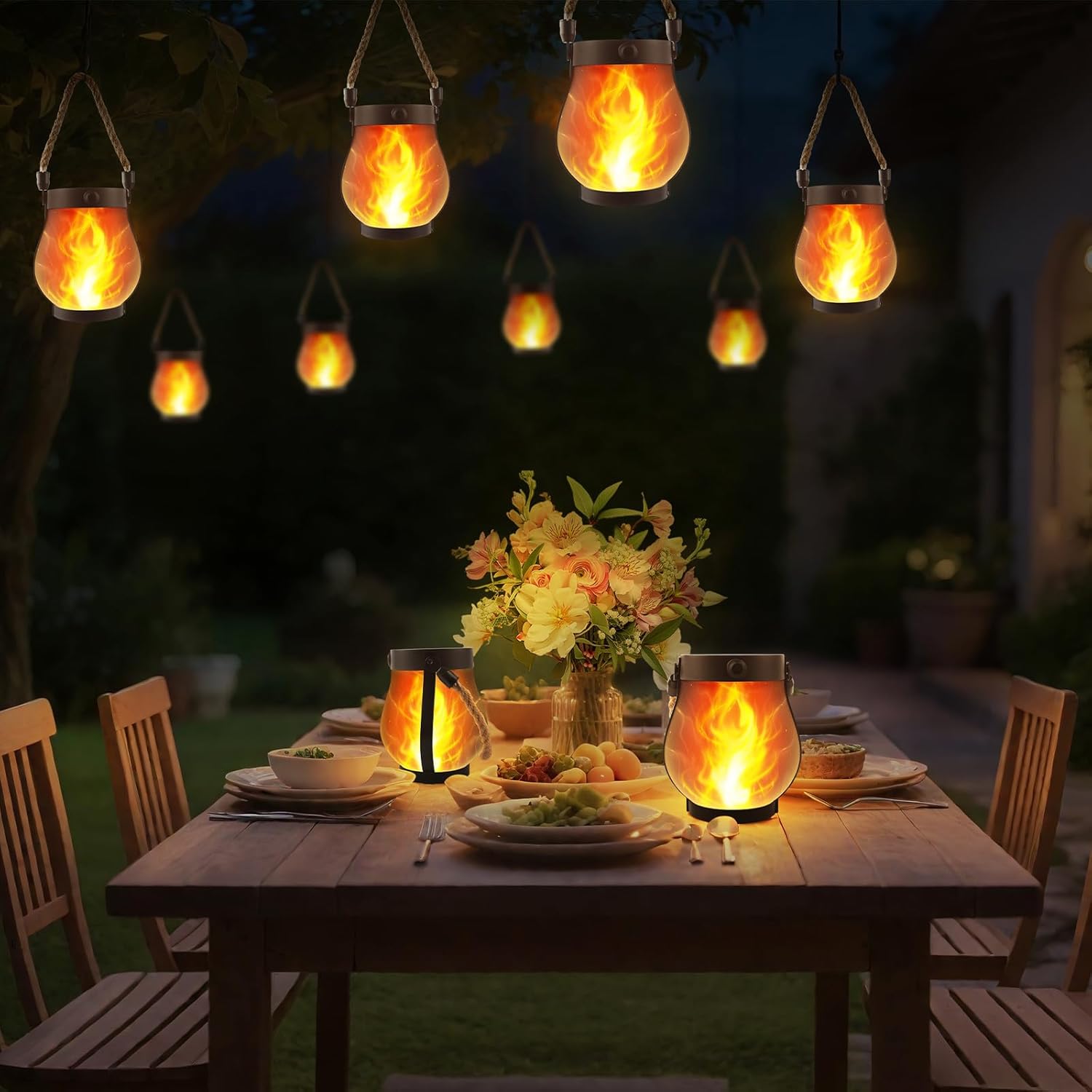 (1 pcs)  Solar Lanterns Outdoor Dancing Flame Hanging Lights USB Solar Dual Powered Waterproof Hemp Rope Lanterns for Garden Patio Yard Decor