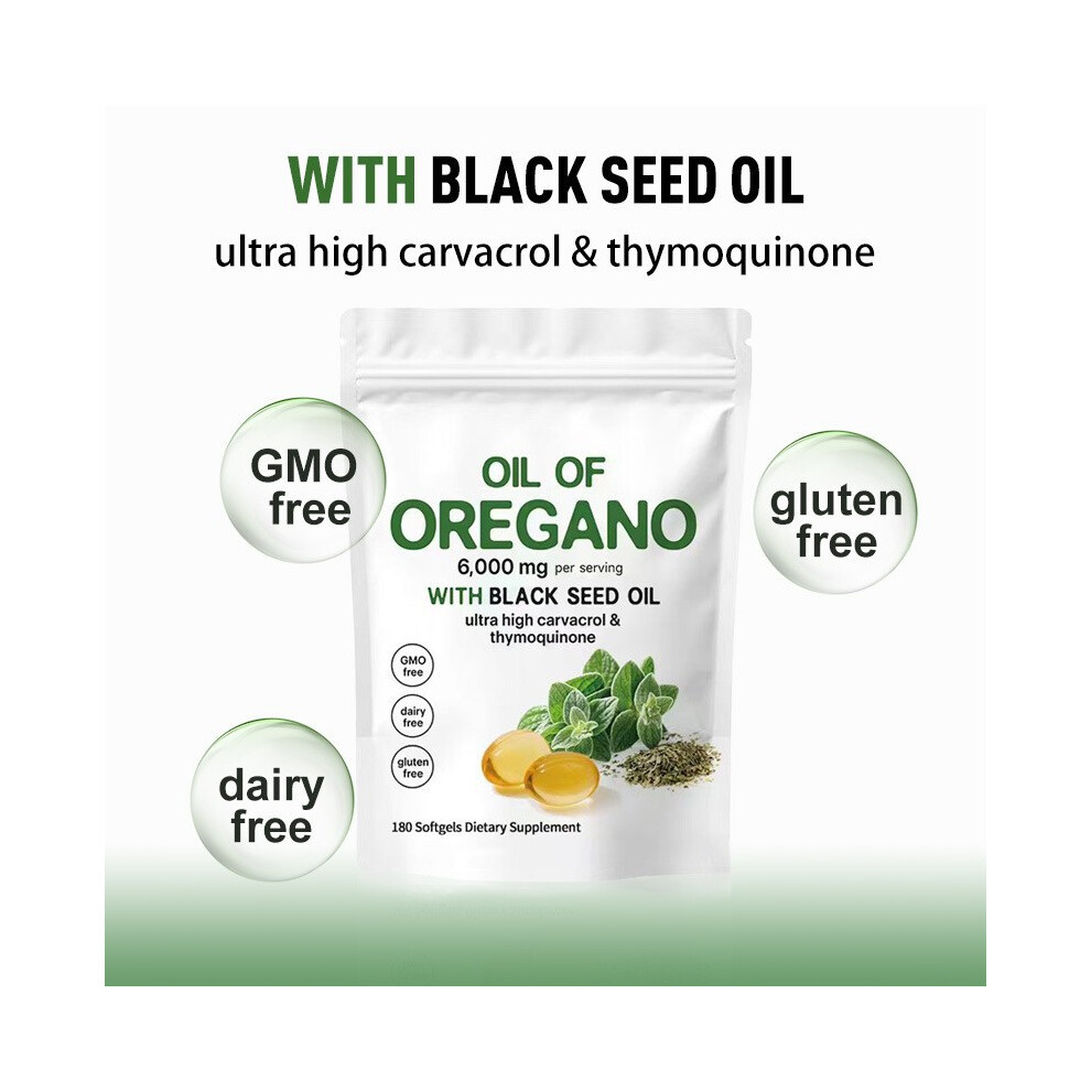 Oregano Oil Softgels, Oil of Oregano with Black Seed Softgels, 180 Count 2 in 1 Formulated with Wild Oregano 6000mg & Black Seed