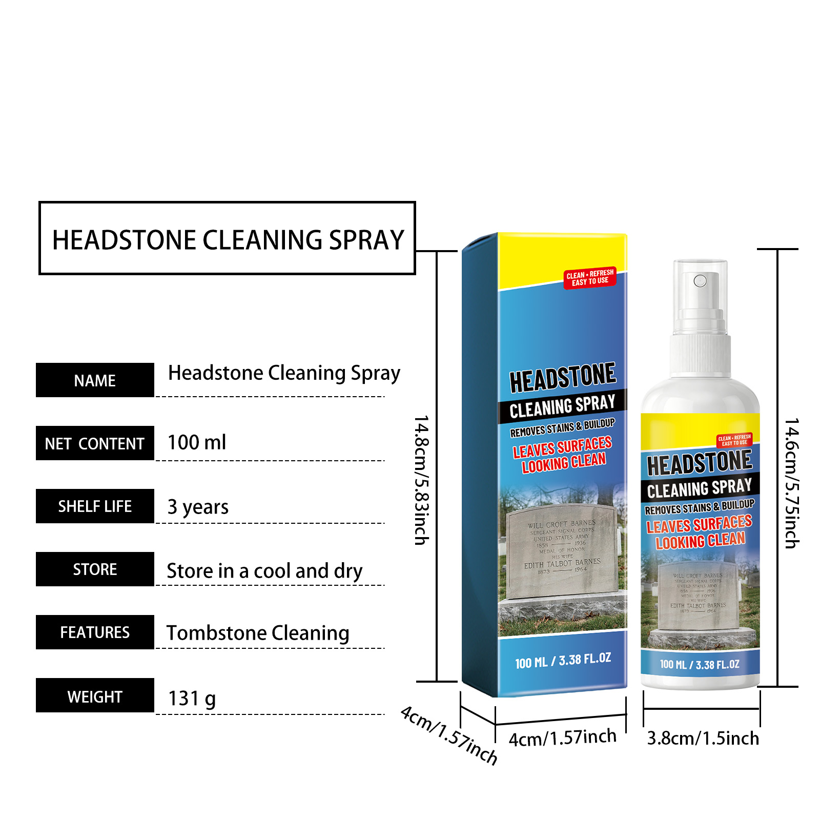 Tombstone Cleaning Spray Mild Formula Gentle Clean Renew Bright Convenient Maintain Stone Surface Stains Dirt Care