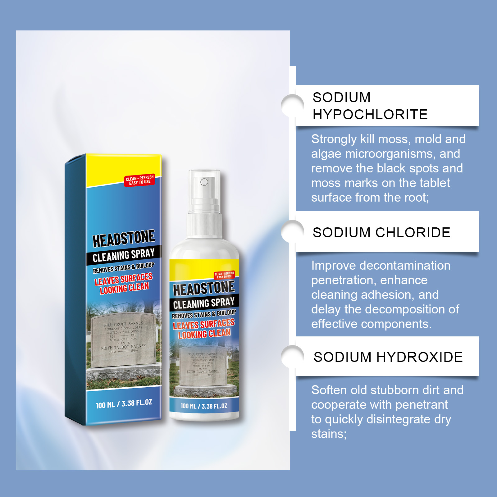 Tombstone Cleaning Spray Mild Formula Gentle Clean Renew Bright Convenient Maintain Stone Surface Stains Dirt Care