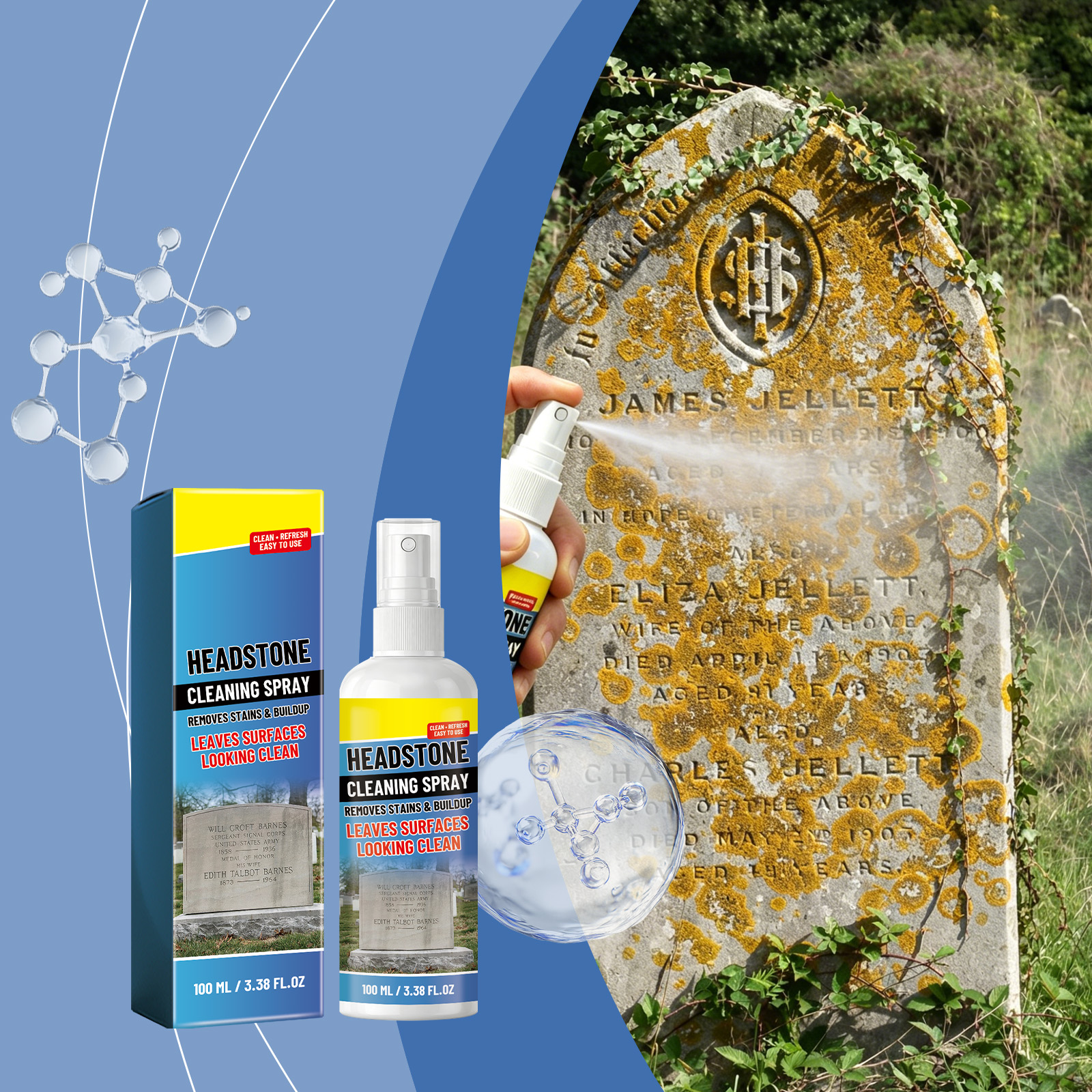 Tombstone Cleaning Spray Mild Formula Gentle Clean Renew Bright Convenient Maintain Stone Surface Stains Dirt Care